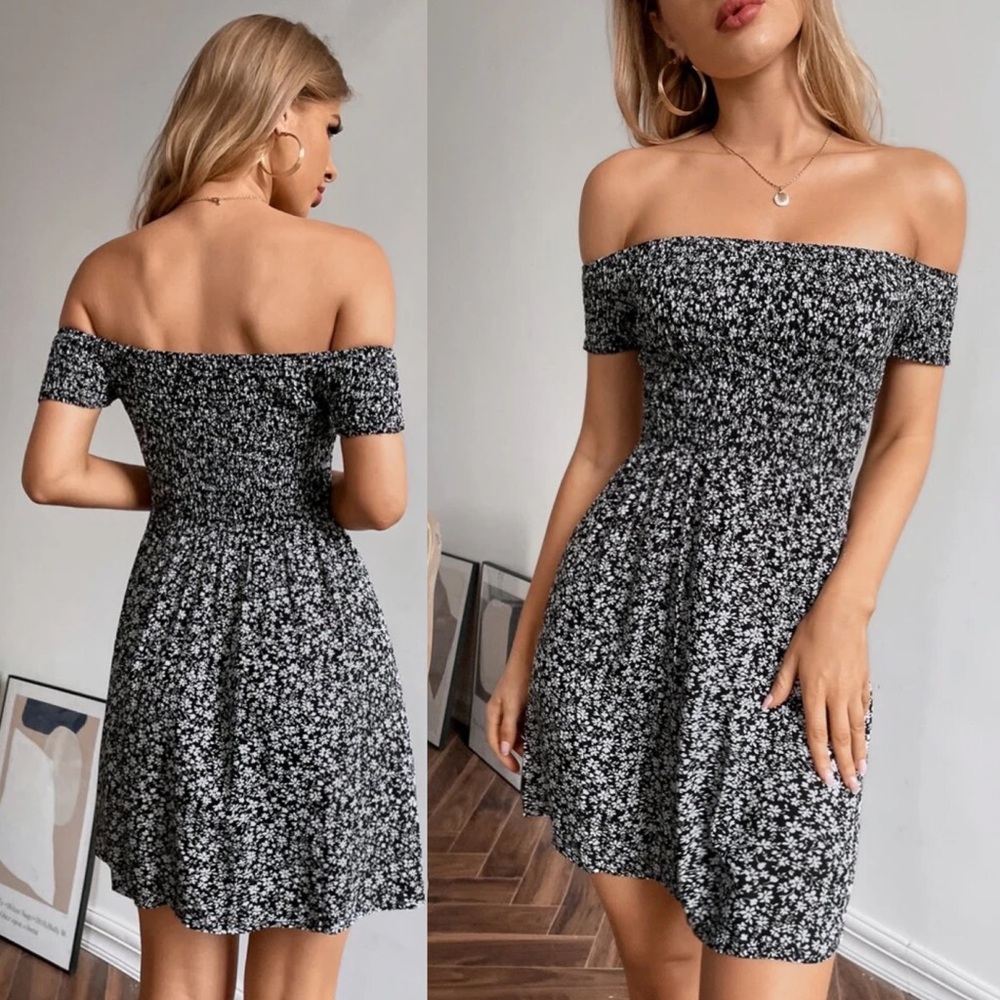 Shirred off the shoulder floral print dress boho gypsy blue - Picture 2 of 8